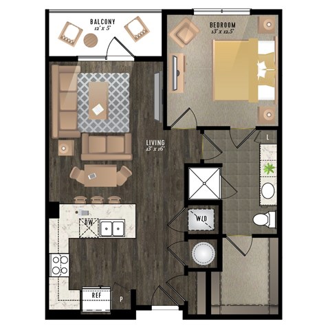 Floor plan for 1 bed, 1 bath, 777 sqft